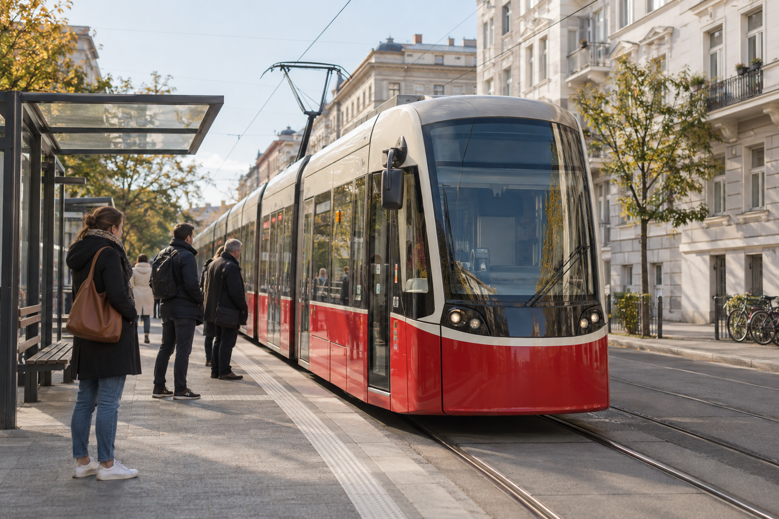 Straßenbahn an einer Haltestelle im Wohngebiet