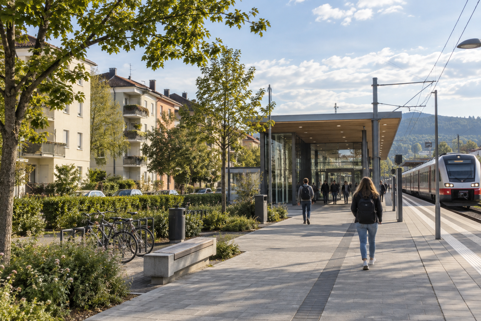 Wohnhäuser und Bahnstation mit Fußweg